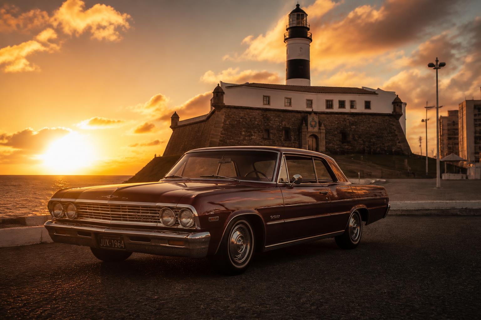 Carro clássico ao pôr do sol em frente ao Farol da Barra, Salvador